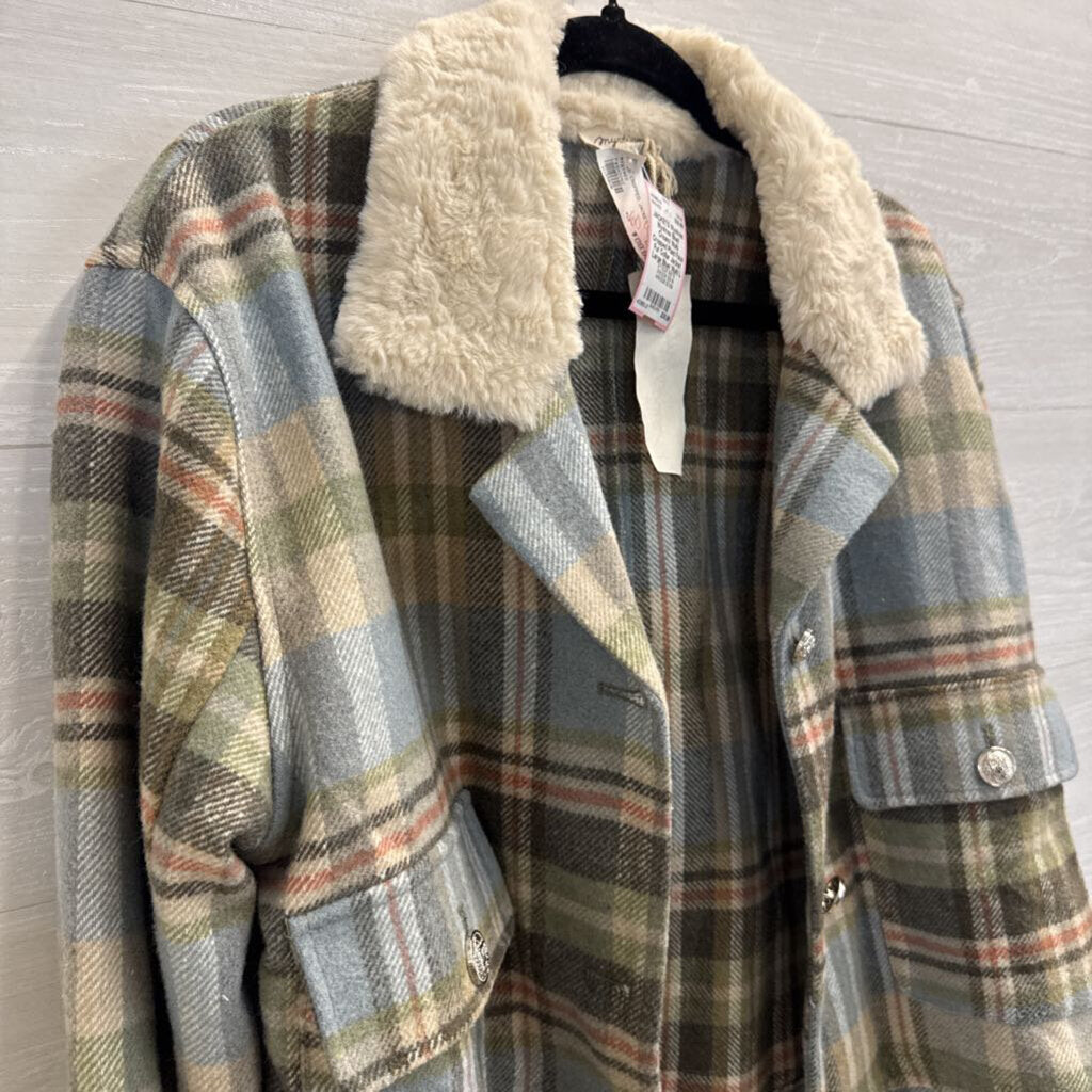 Mystree Blue/ Cream/ Multi Cropped Plaid Faux Fur Collar Jacket Large