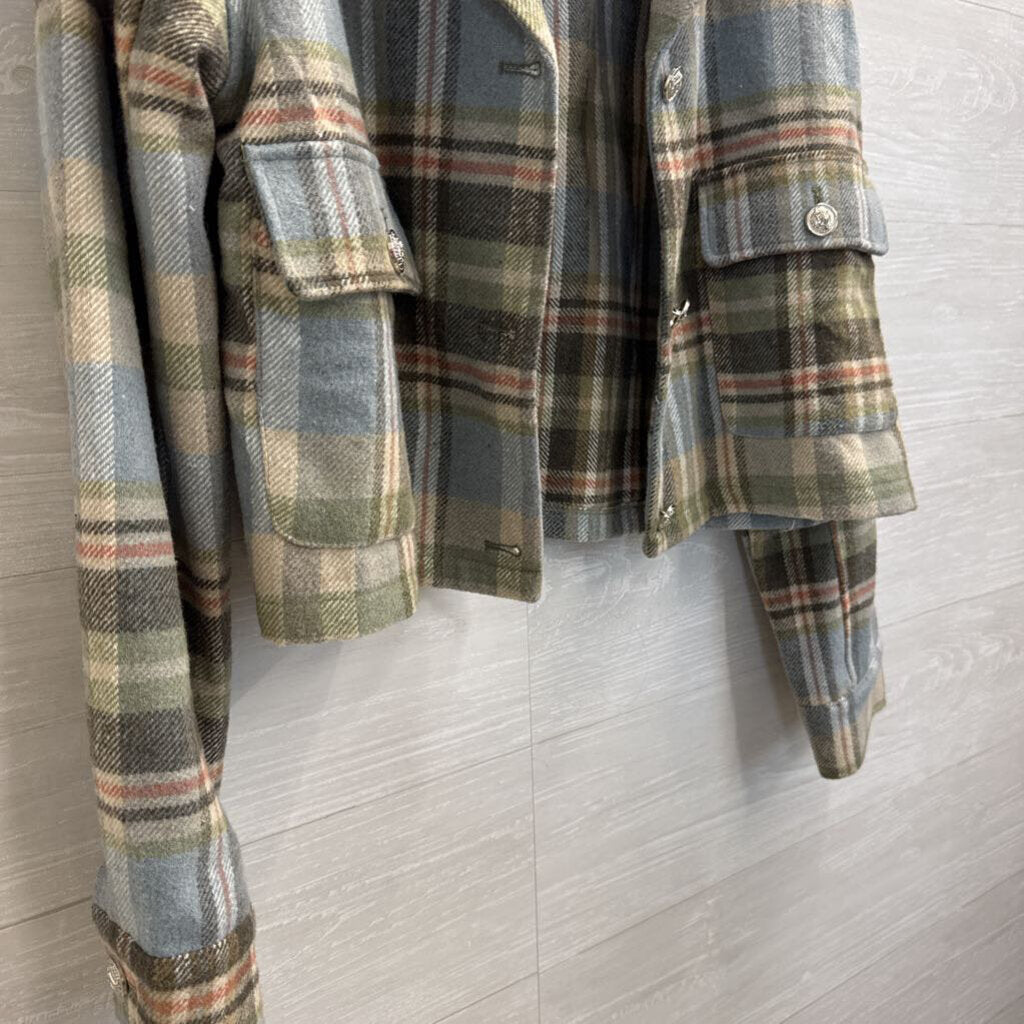 Mystree Blue/ Cream/ Multi Cropped Plaid Faux Fur Collar Jacket Large