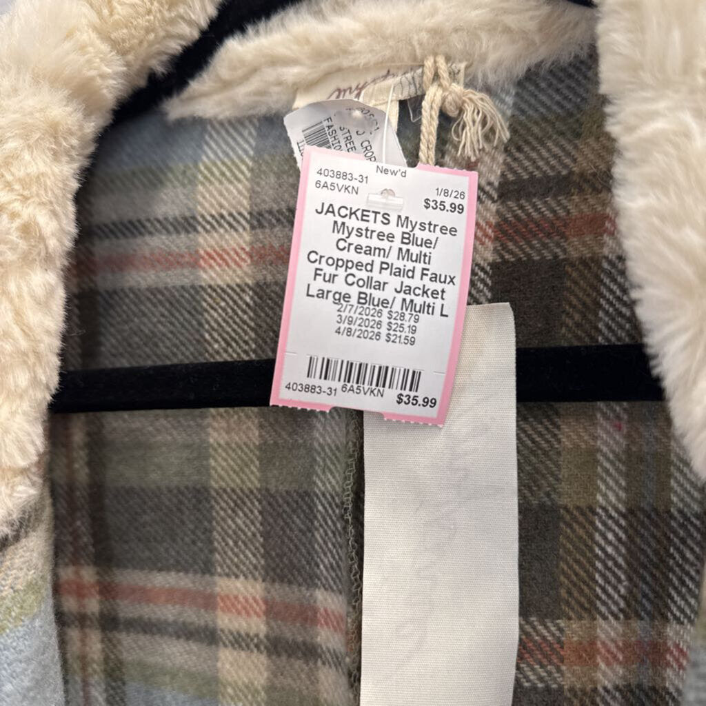 Mystree Blue/ Cream/ Multi Cropped Plaid Faux Fur Collar Jacket Large