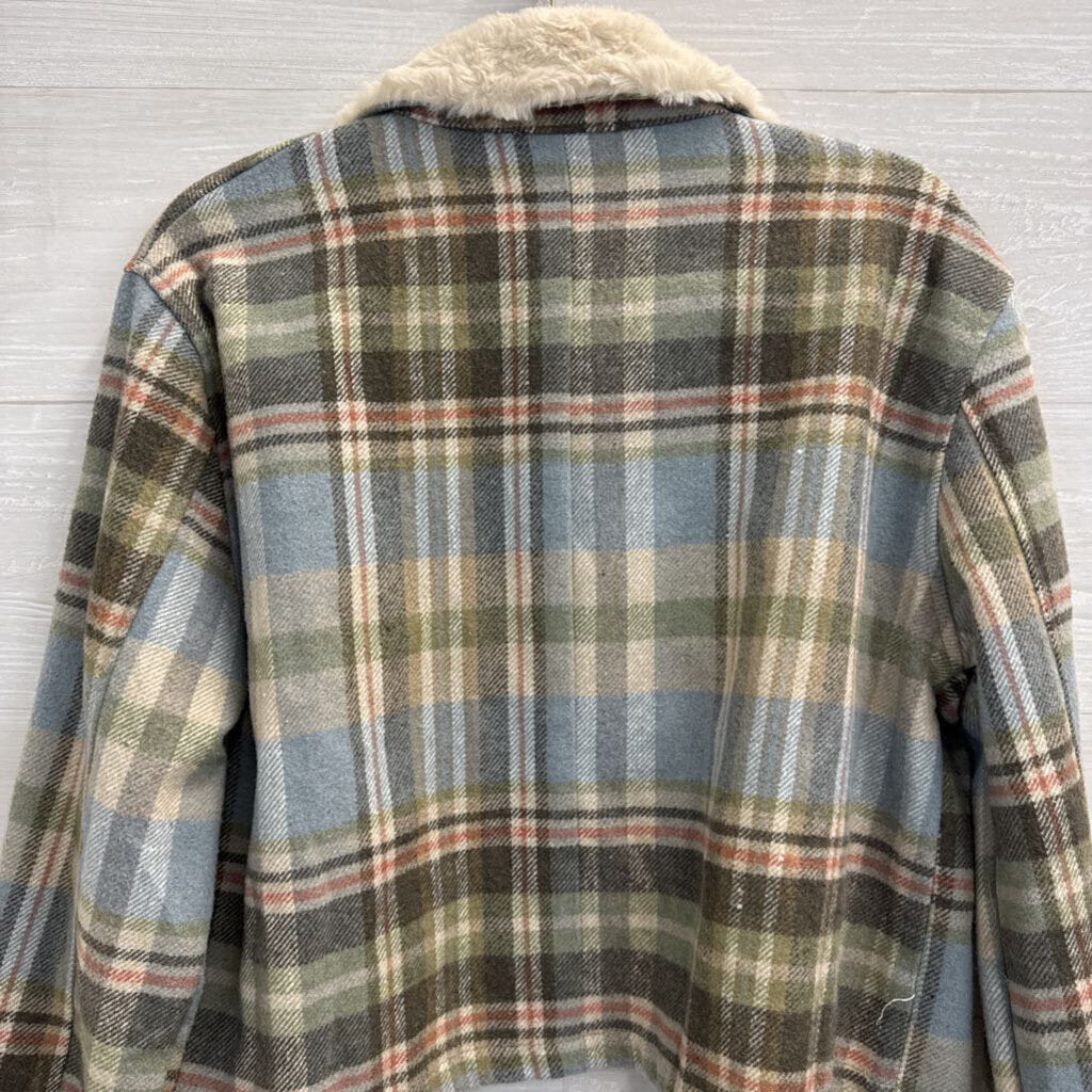 Mystree Blue/ Cream/ Multi Cropped Plaid Faux Fur Collar Jacket Large