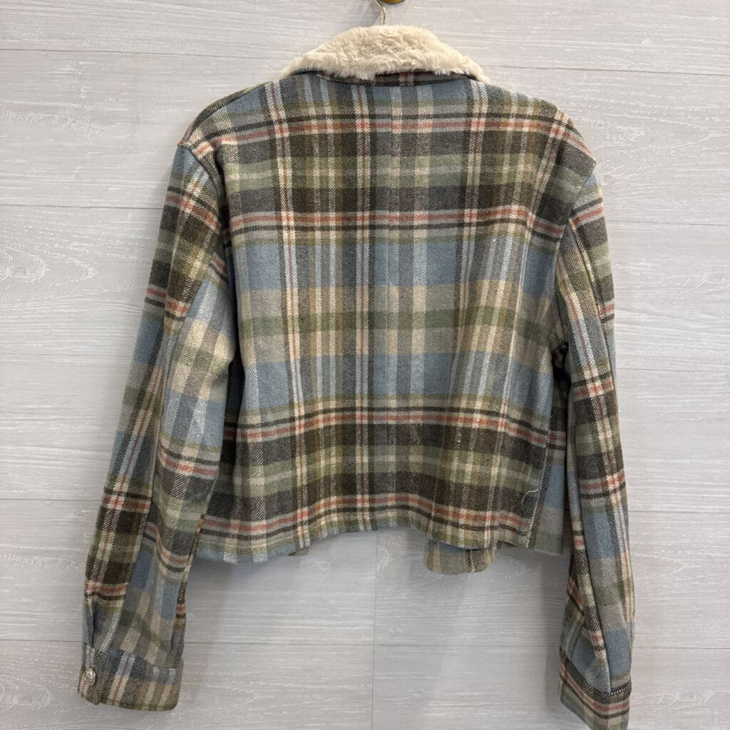 Mystree Blue/ Cream/ Multi Cropped Plaid Faux Fur Collar Jacket Large