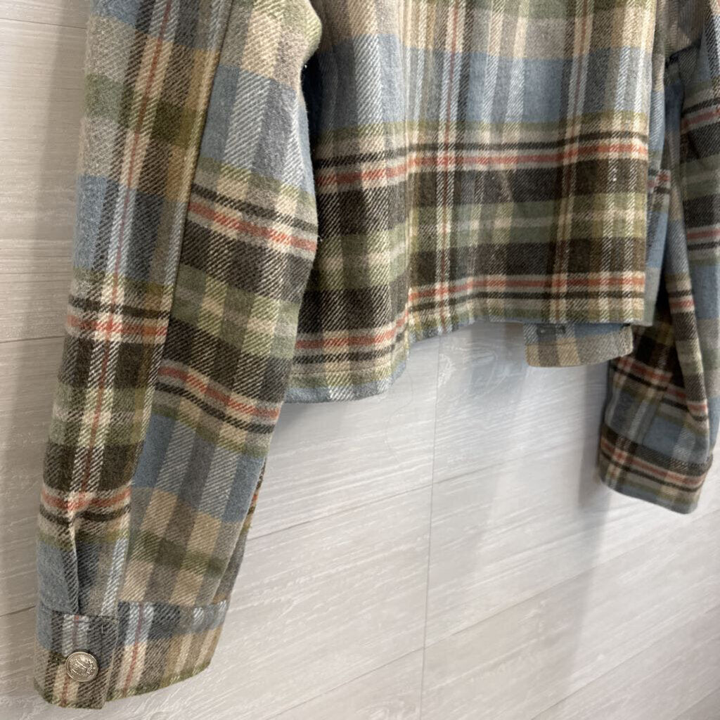 Mystree Blue/ Cream/ Multi Cropped Plaid Faux Fur Collar Jacket Large