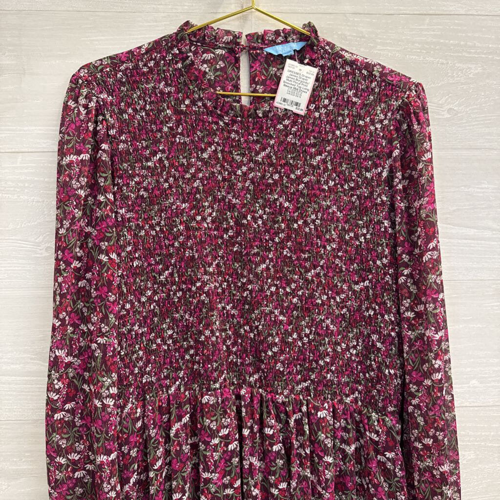 Draper James Burgundy/ Multi Floral Print Smocked Top Long Sleeve Midi Dress Large