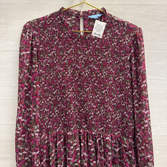 Draper James Burgundy/ Multi Floral Print Smocked Top Long Sleeve Midi Dress Large
