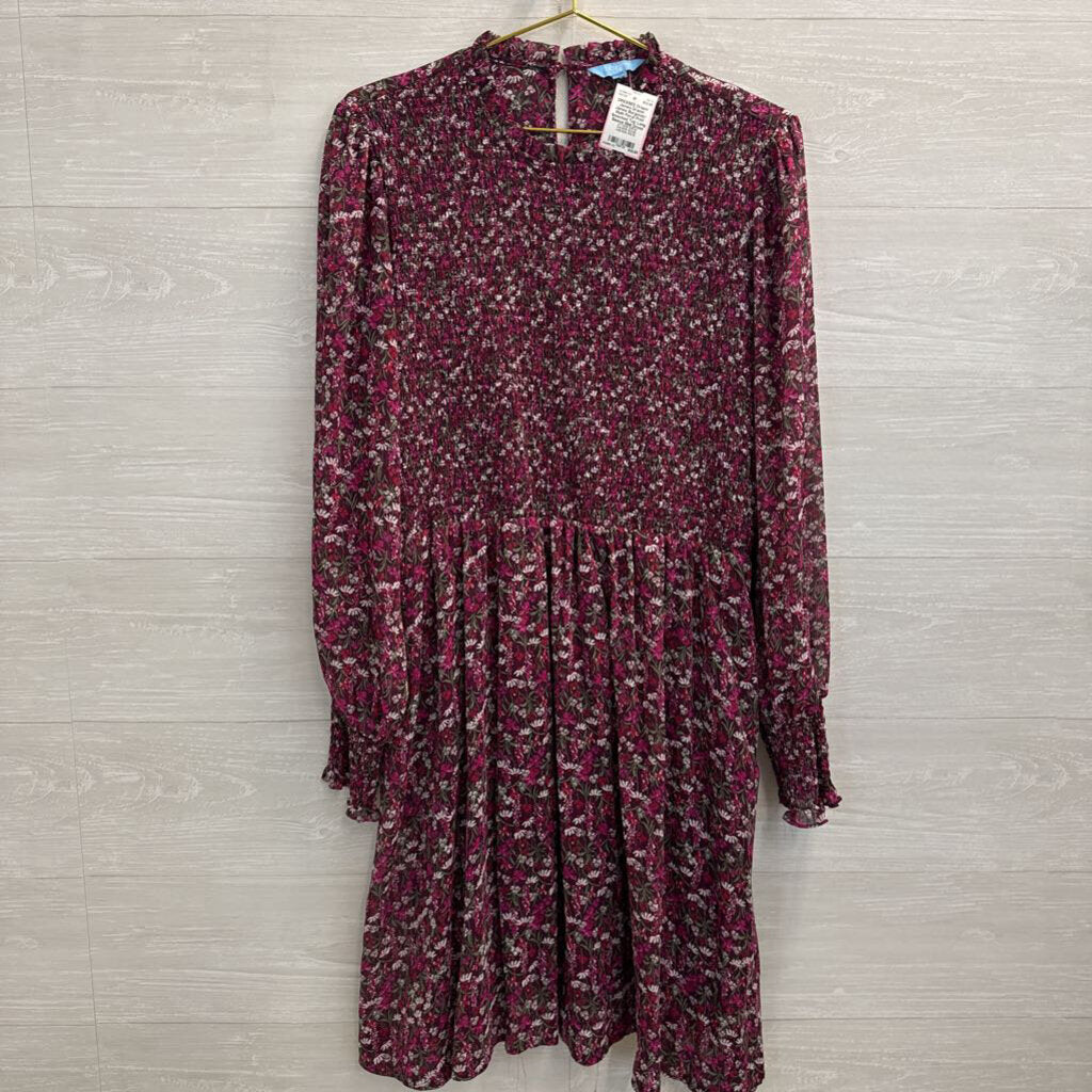 Draper James Burgundy/ Multi Floral Print Smocked Top Long Sleeve Midi Dress Large