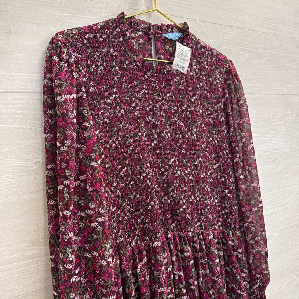 Draper James Burgundy/ Multi Floral Print Smocked Top Long Sleeve Midi Dress Large