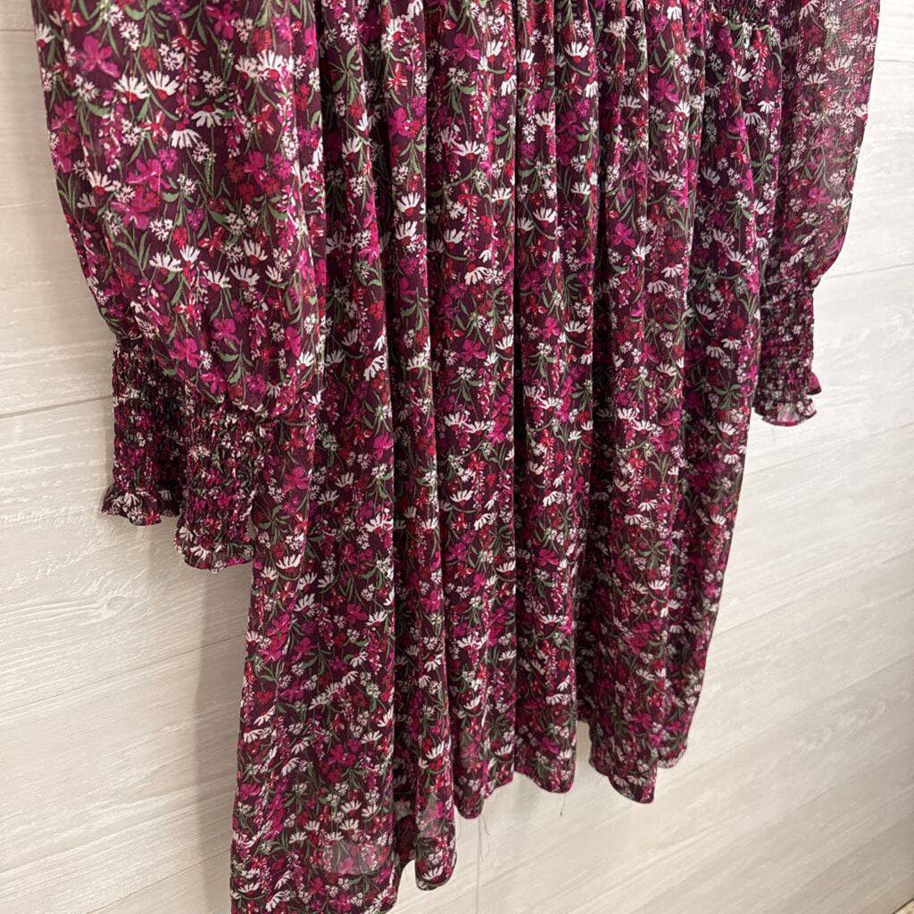 Draper James Burgundy/ Multi Floral Print Smocked Top Long Sleeve Midi Dress Large