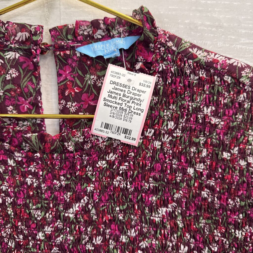 Draper James Burgundy/ Multi Floral Print Smocked Top Long Sleeve Midi Dress Large