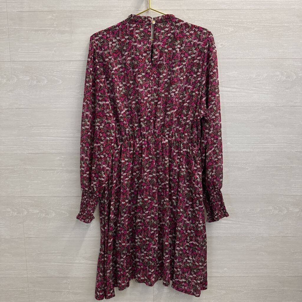 Draper James Burgundy/ Multi Floral Print Smocked Top Long Sleeve Midi Dress Large
