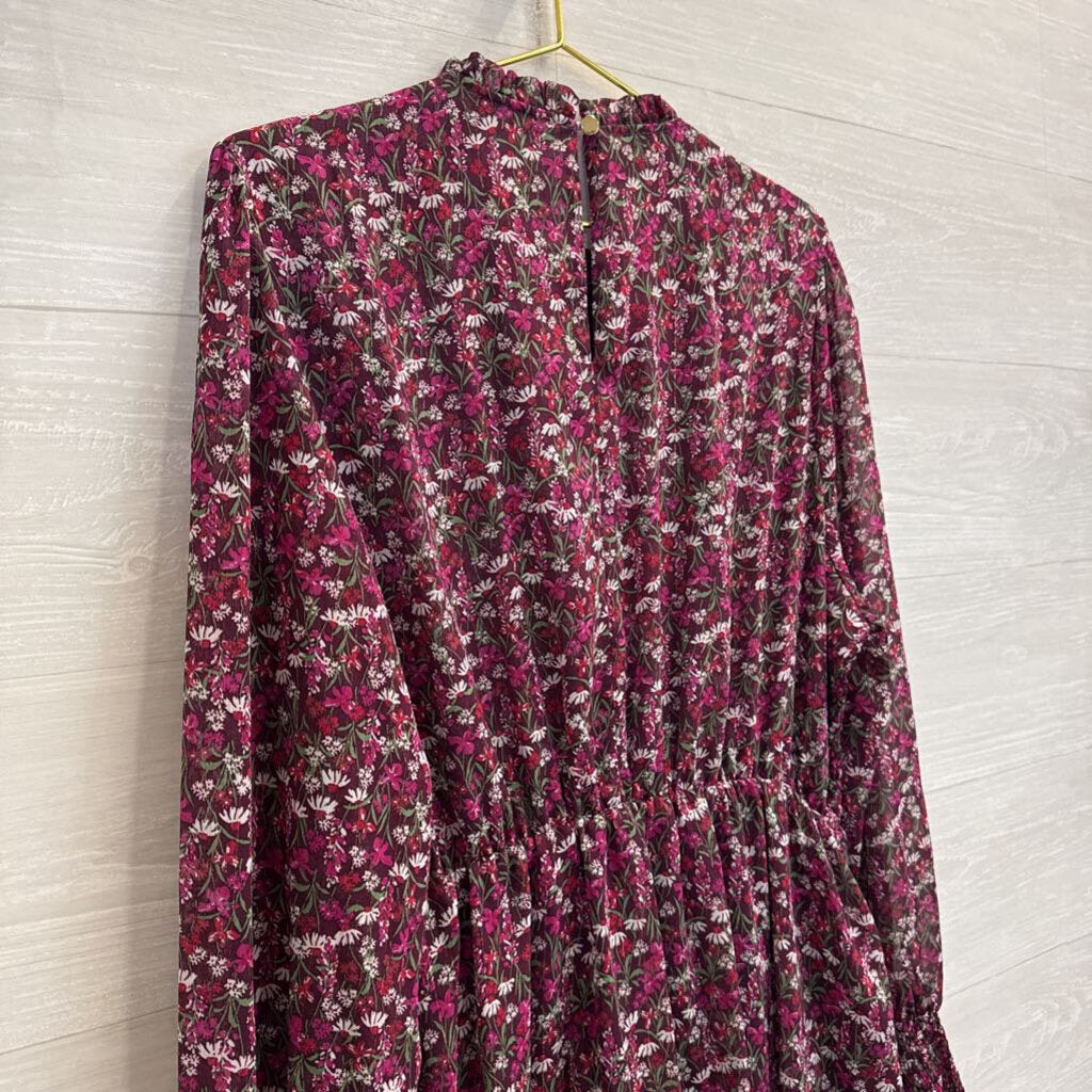 Draper James Burgundy/ Multi Floral Print Smocked Top Long Sleeve Midi Dress Large