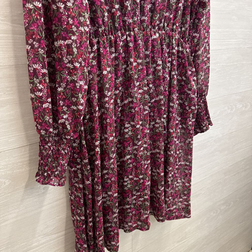 Draper James Burgundy/ Multi Floral Print Smocked Top Long Sleeve Midi Dress Large