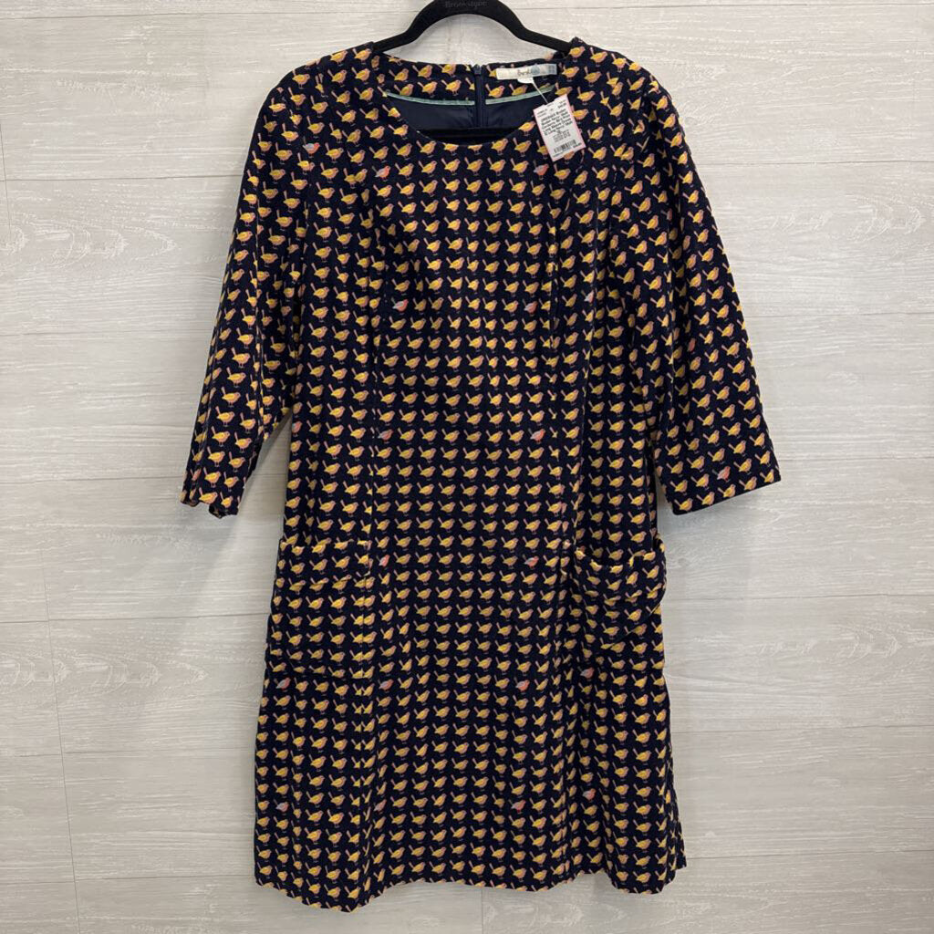 Boden Navy/ Multi Corduroy Bird Print Long Sleeve Dress 12 Long