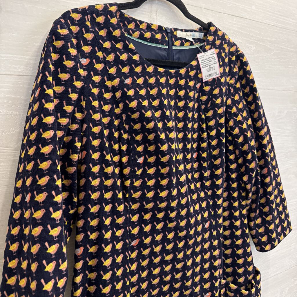 Boden Navy/ Multi Corduroy Bird Print Long Sleeve Dress 12 Long