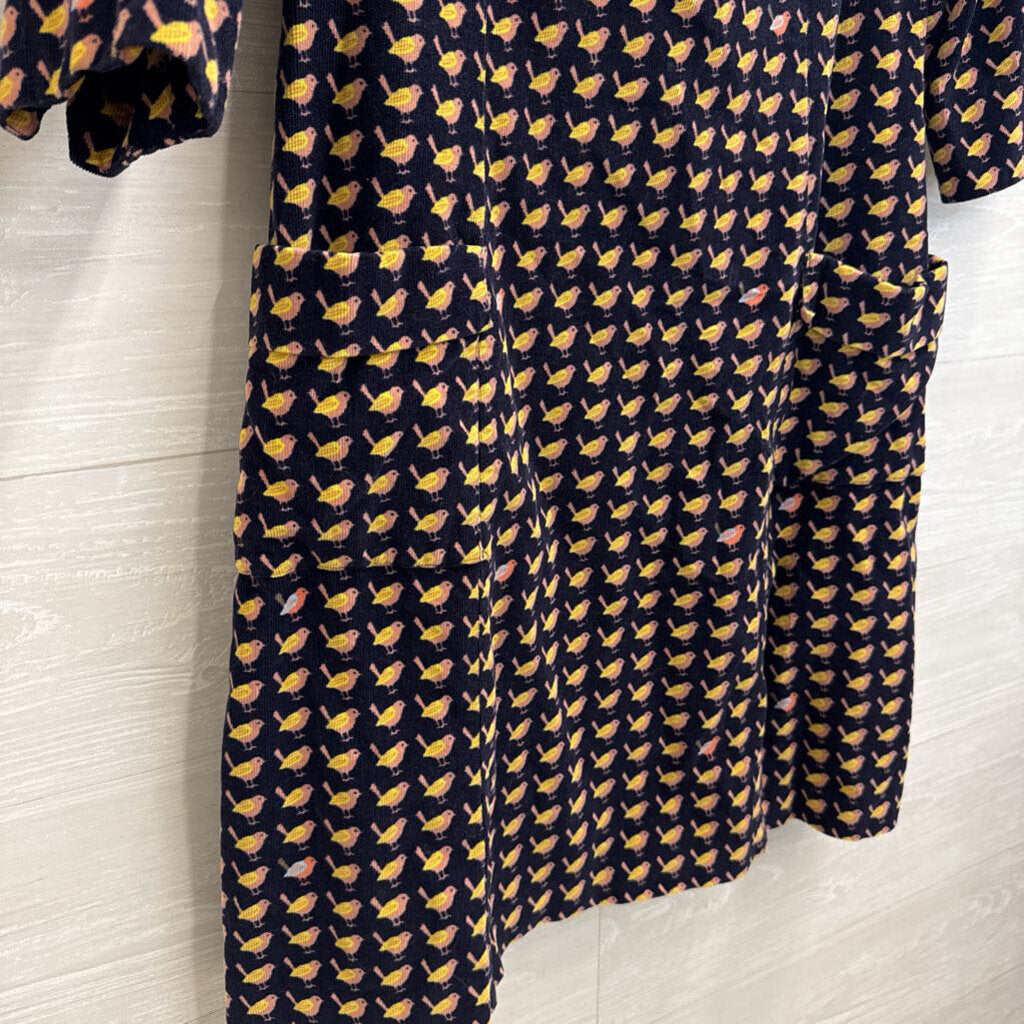 Boden Navy/ Multi Corduroy Bird Print Long Sleeve Dress 12 Long