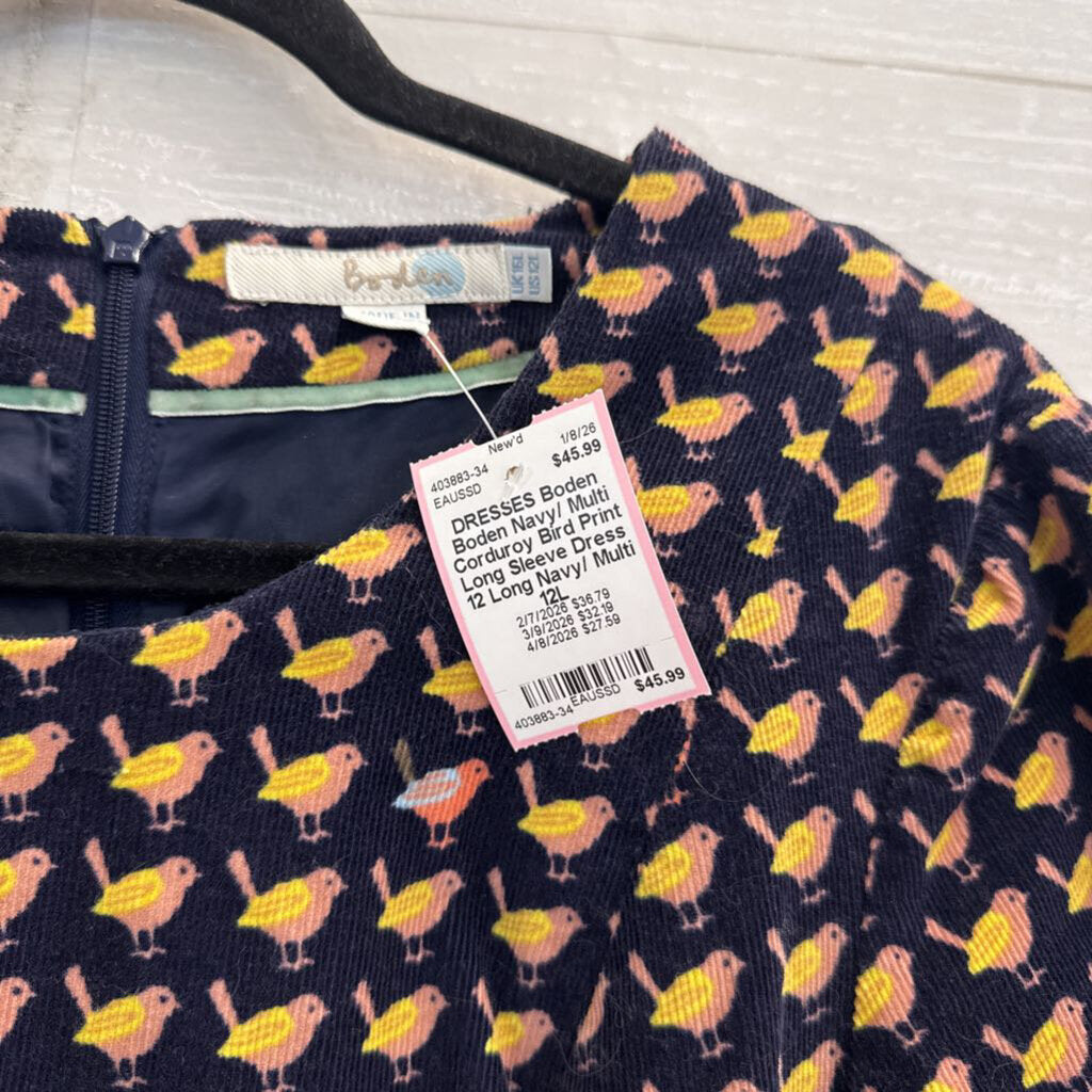 Boden Navy/ Multi Corduroy Bird Print Long Sleeve Dress 12 Long