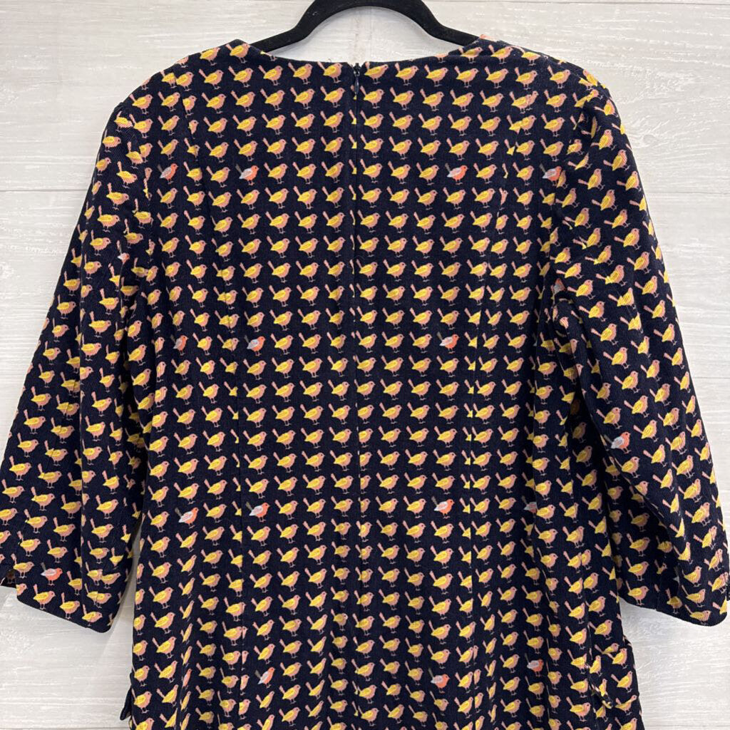 Boden Navy/ Multi Corduroy Bird Print Long Sleeve Dress 12 Long