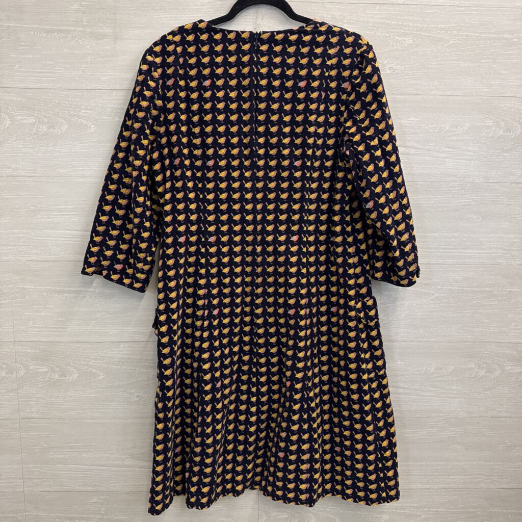 Boden Navy/ Multi Corduroy Bird Print Long Sleeve Dress 12 Long