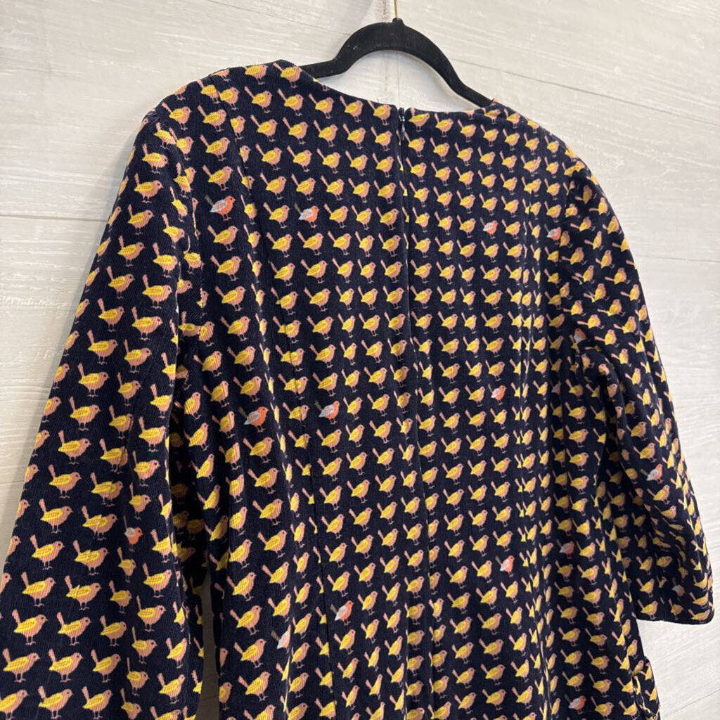 Boden Navy/ Multi Corduroy Bird Print Long Sleeve Dress 12 Long