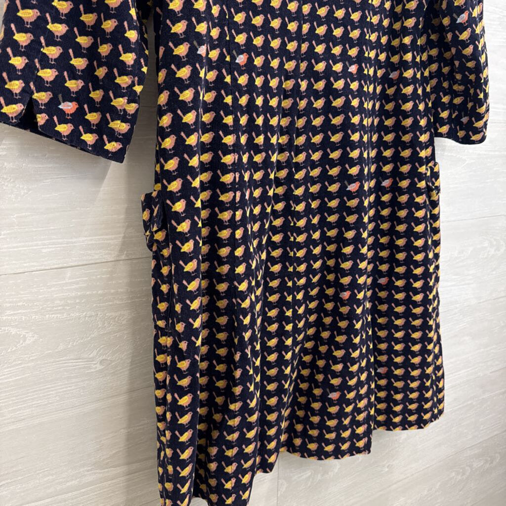 Boden Navy/ Multi Corduroy Bird Print Long Sleeve Dress 12 Long