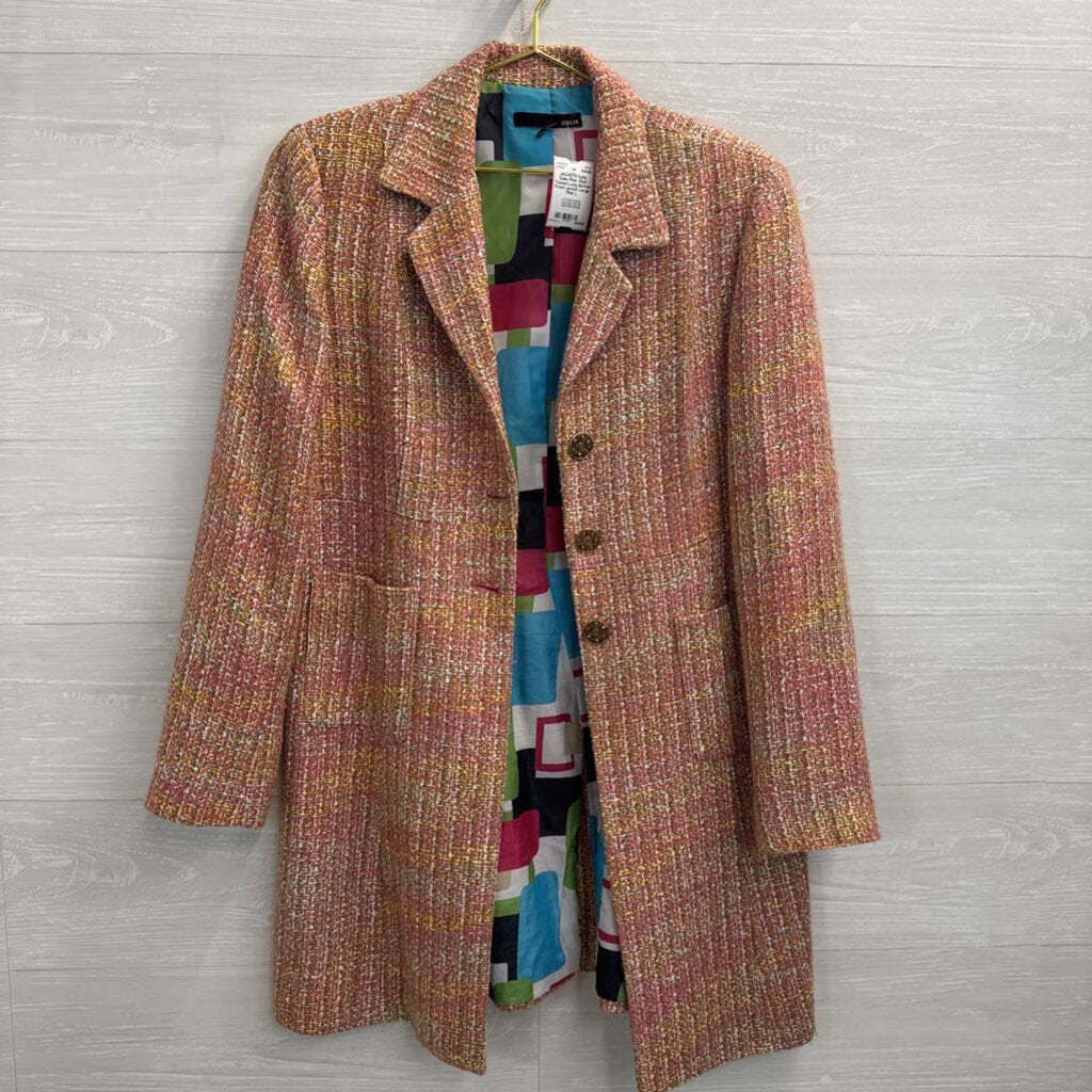 Dalia Pink/ Multi Tweed Long Button Front Jacket Large