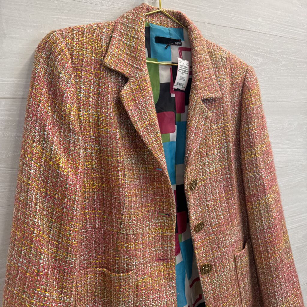 Dalia Pink/ Multi Tweed Long Button Front Jacket Large