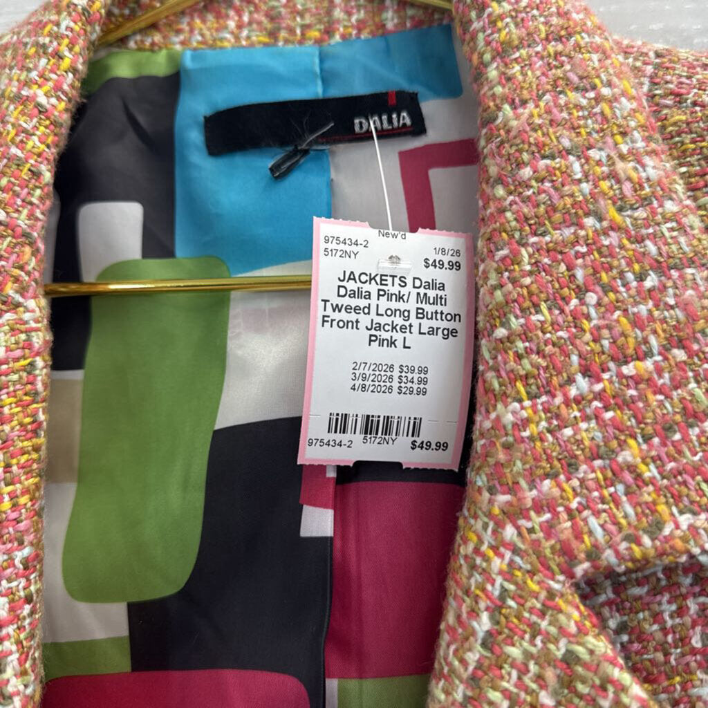 Dalia Pink/ Multi Tweed Long Button Front Jacket Large