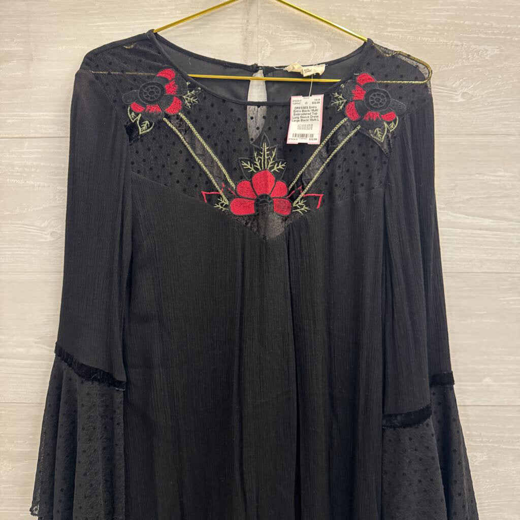 Entro Black/ Multi Embroidered Top Long Sleeve Dress Large