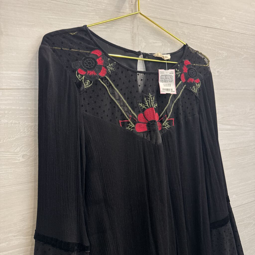 Entro Black/ Multi Embroidered Top Long Sleeve Dress Large