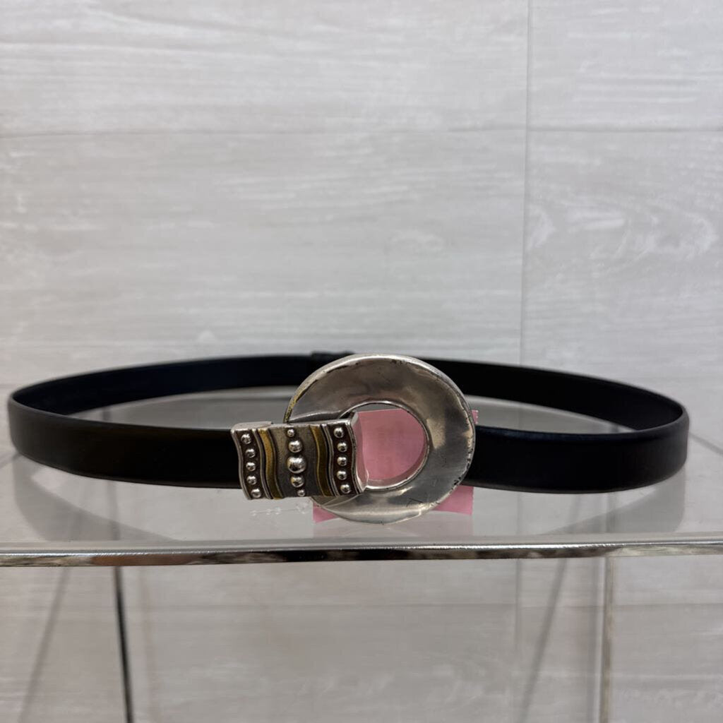 Black Leather/ Silver Hook Buckle Adjustable Belt Small/ Medium