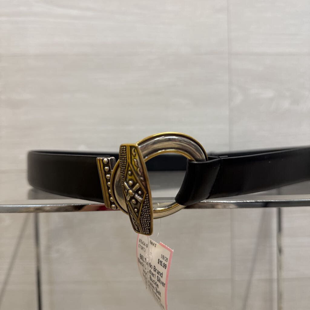Black Leather/ Silver Hook Buckle Adjustable Belt Small/ Medium