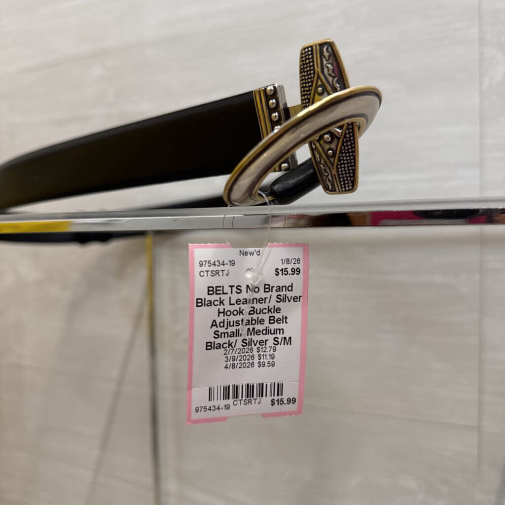 Black Leather/ Silver Hook Buckle Adjustable Belt Small/ Medium