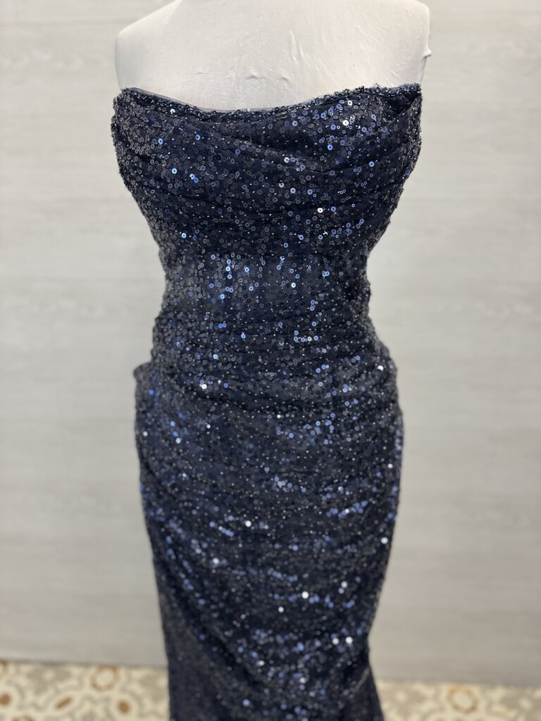 Sherri Hill Navy Sequin Beaded Strapless Long Formal Dress With Detachable Train 16