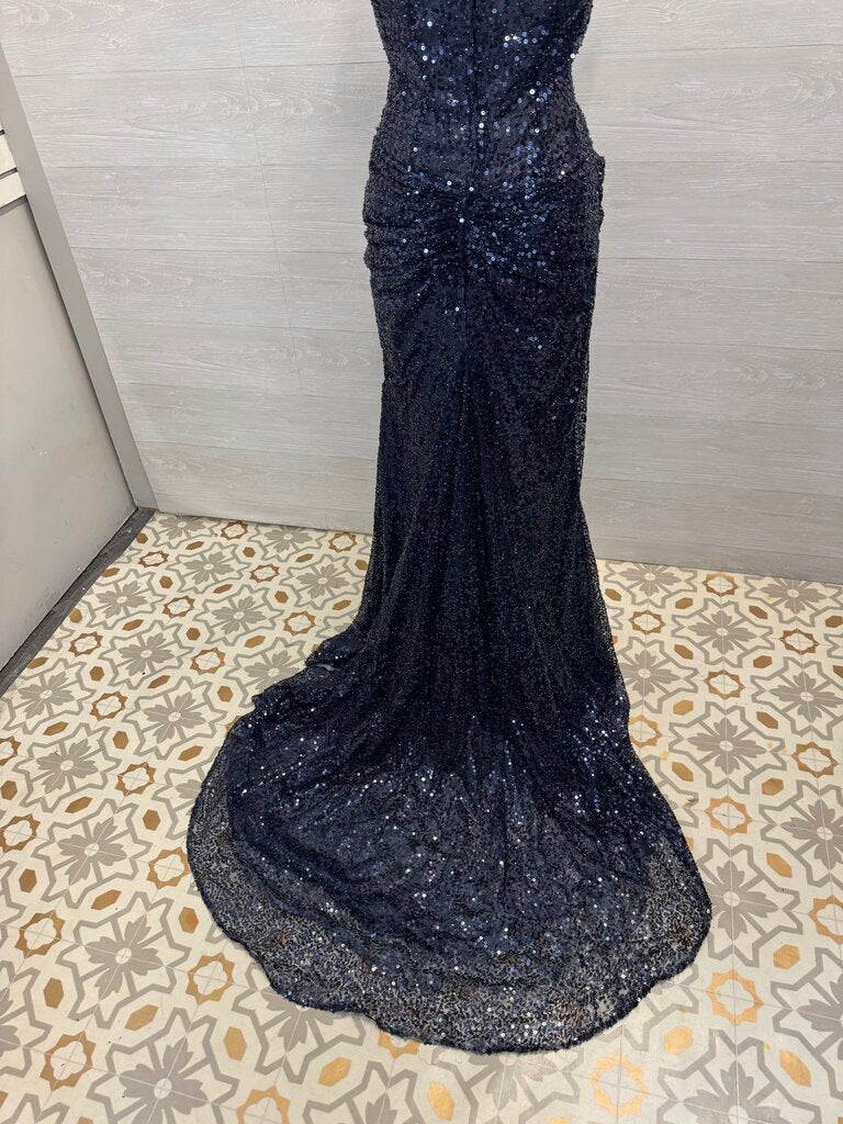 Sherri Hill Navy Sequin Beaded Strapless Long Formal Dress With Detachable Train 16
