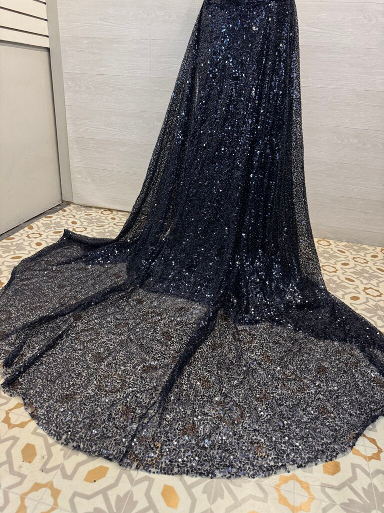 Sherri Hill Navy Sequin Beaded Strapless Long Formal Dress With Detachable Train 16