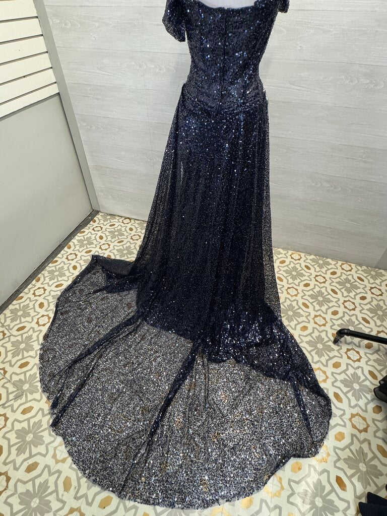 Sherri Hill Navy Sequin Beaded Strapless Long Formal Dress With Detachable Train 16