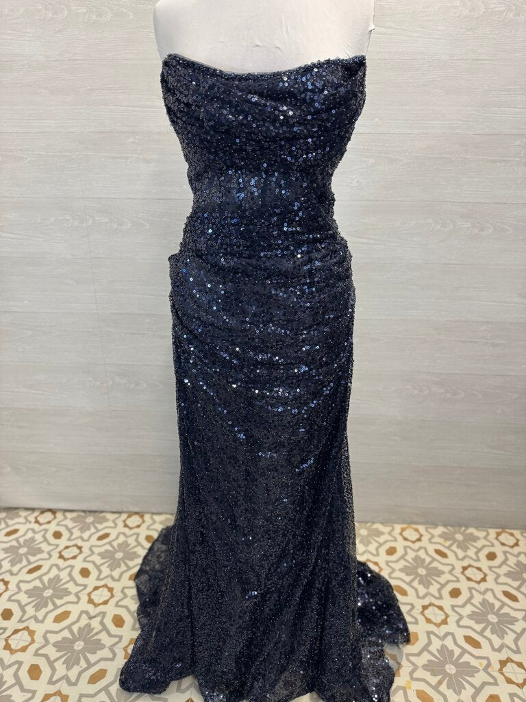 Sherri Hill Navy Sequin Beaded Strapless Long Formal Dress With Detachable Train 16