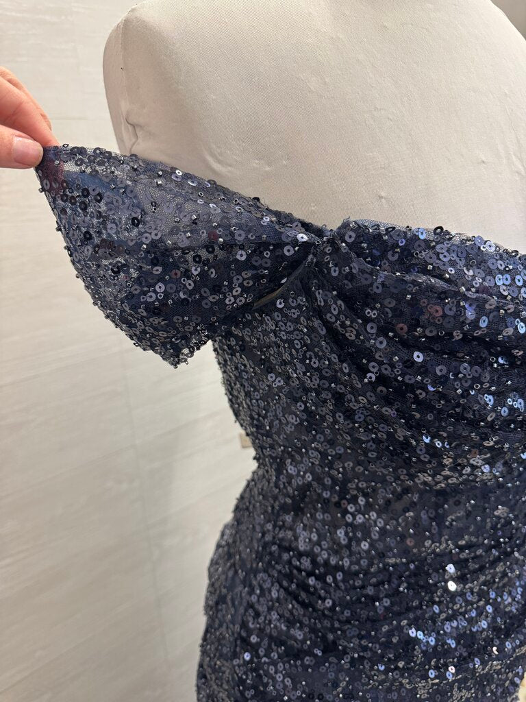 Sherri Hill Navy Sequin Beaded Strapless Long Formal Dress With Detachable Train 16