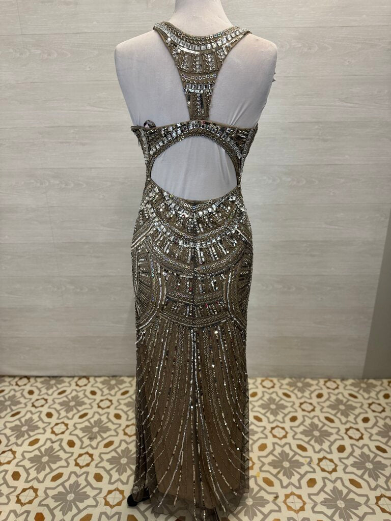 Scala High Neck Sequined Fitted Long Formal 6