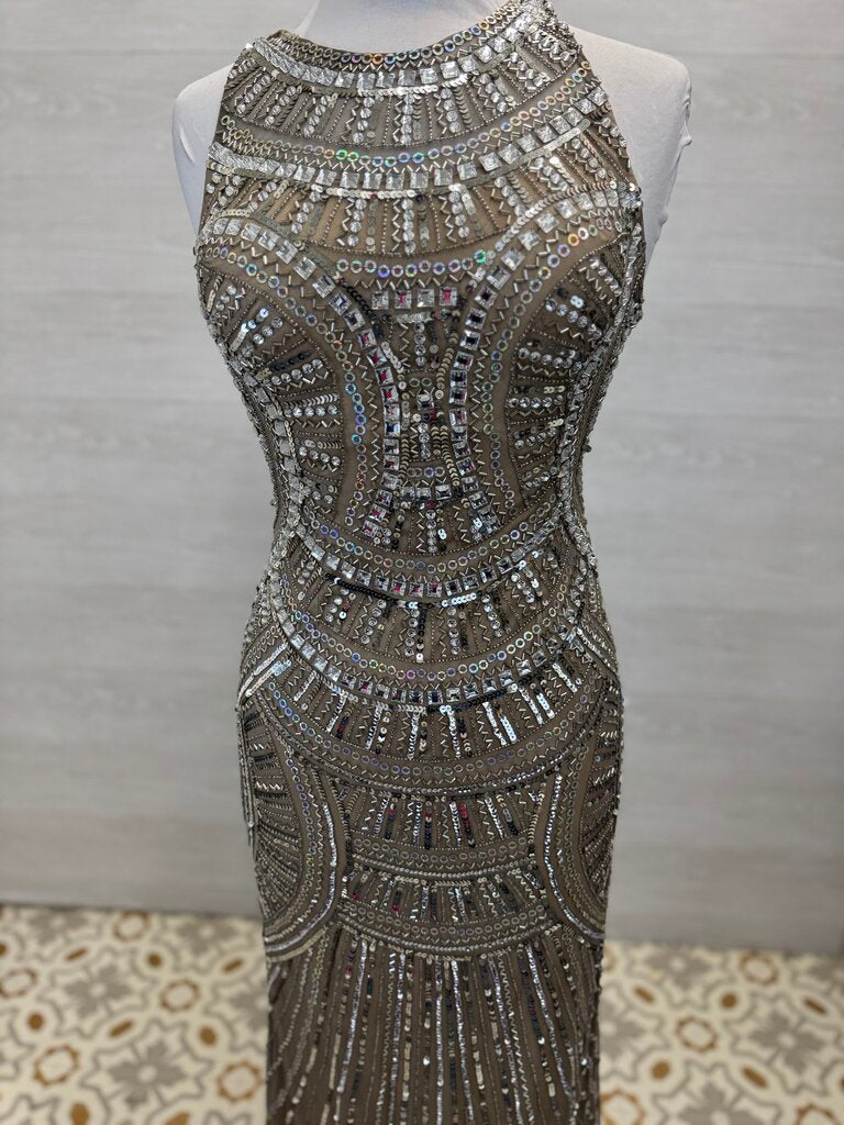 Scala High Neck Sequined Fitted Long Formal 6