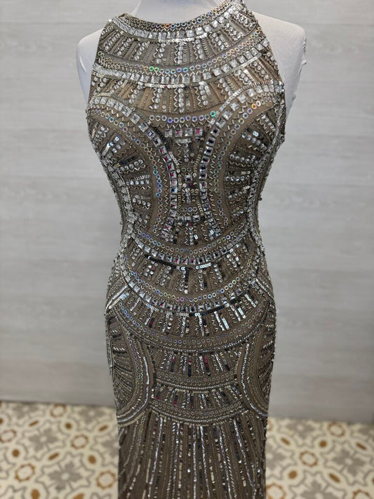 Scala High Neck Sequined Fitted Long Formal 6