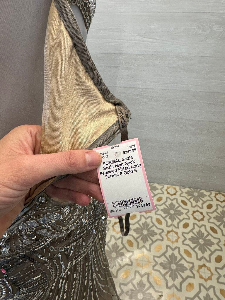 Scala High Neck Sequined Fitted Long Formal 6