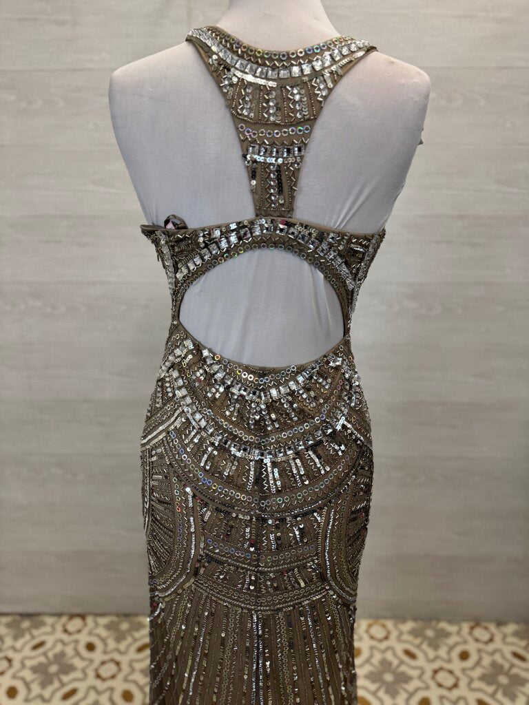 Scala High Neck Sequined Fitted Long Formal 6