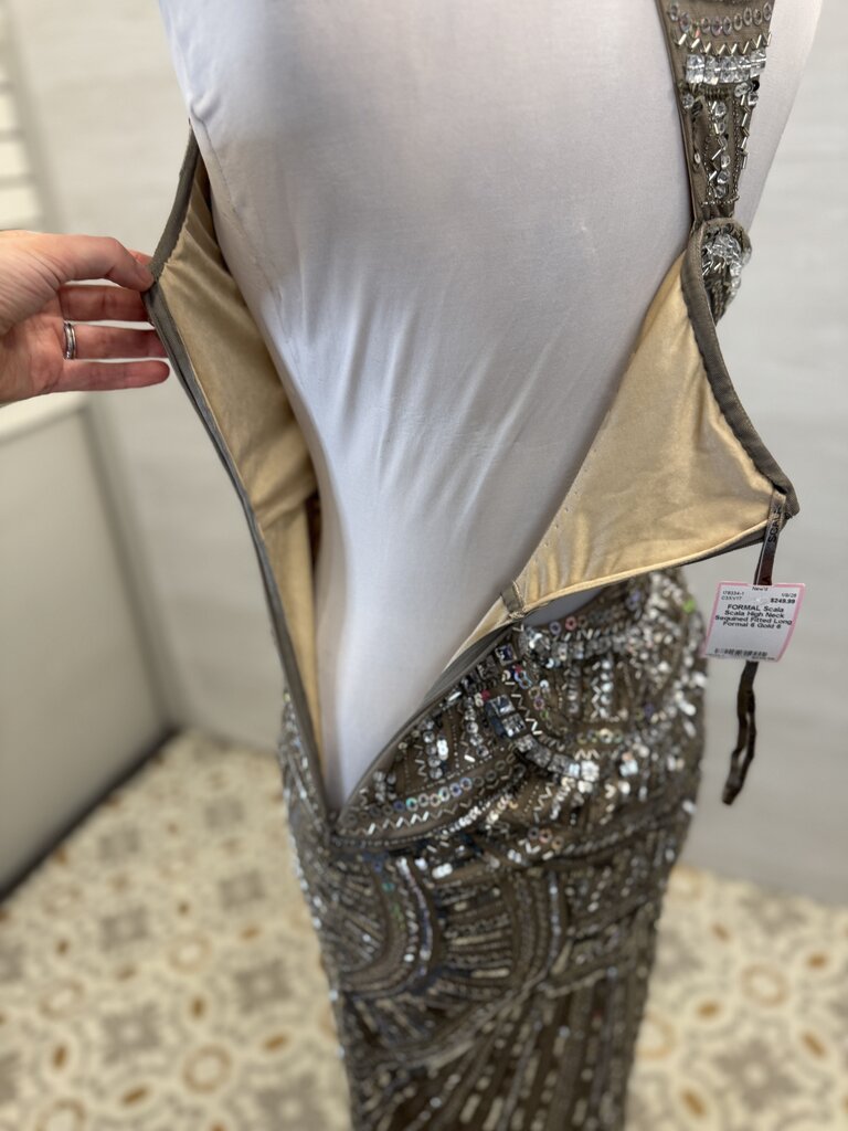 Scala High Neck Sequined Fitted Long Formal 6