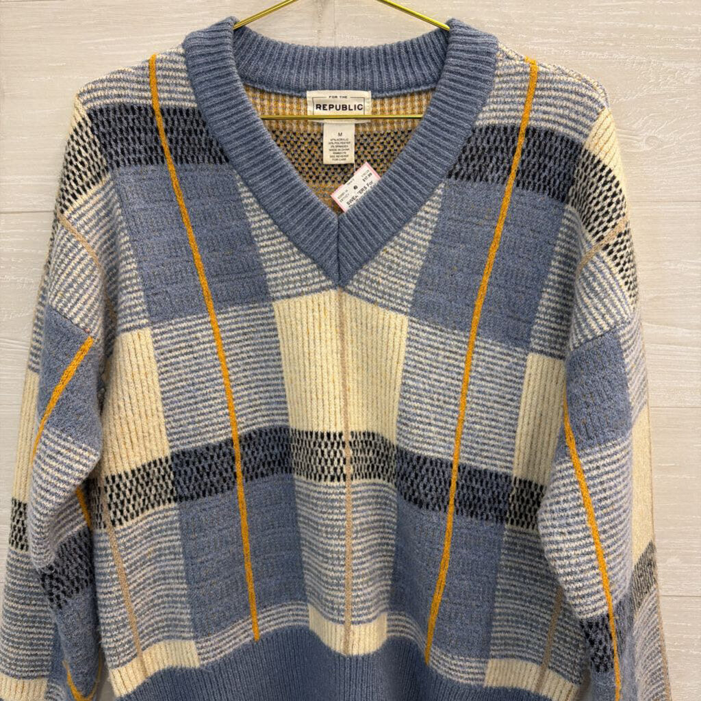 For The Republic Blue Plaid V-Neck Sweater Medium