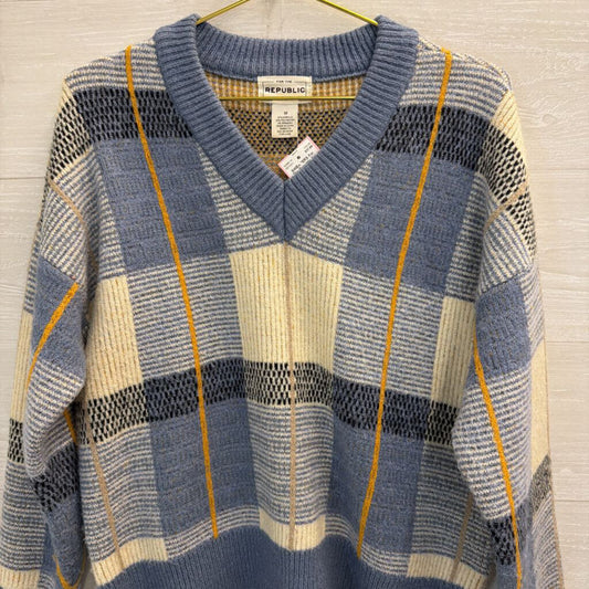 For The Republic Blue Plaid V-Neck Sweater Medium