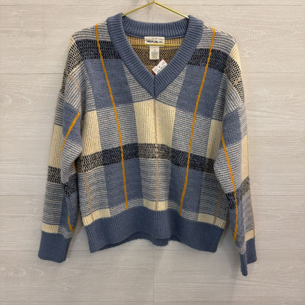 For The Republic Blue Plaid V-Neck Sweater Medium