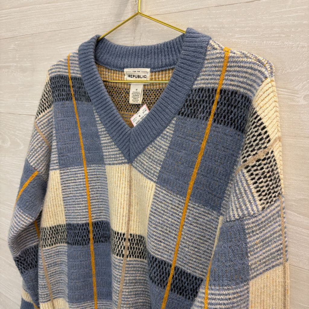 For The Republic Blue Plaid V-Neck Sweater Medium