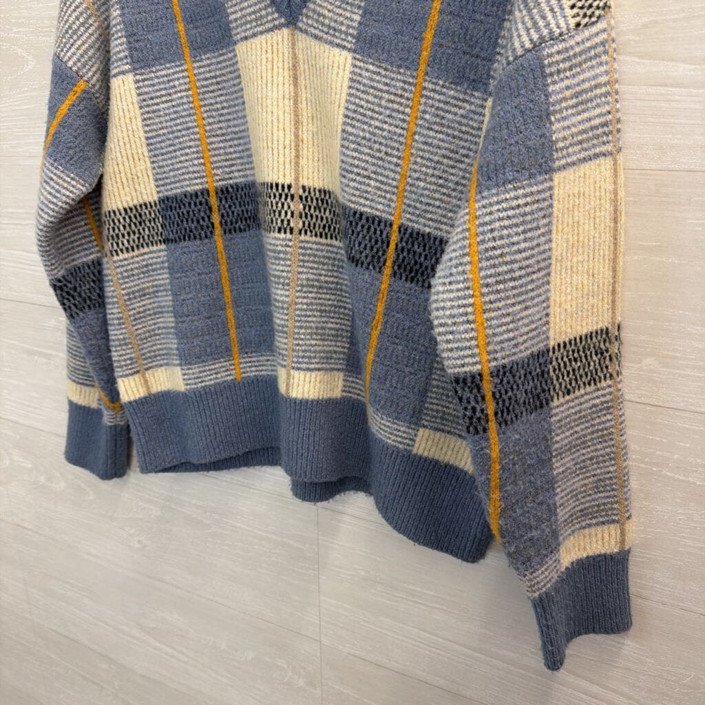 For The Republic Blue Plaid V-Neck Sweater Medium