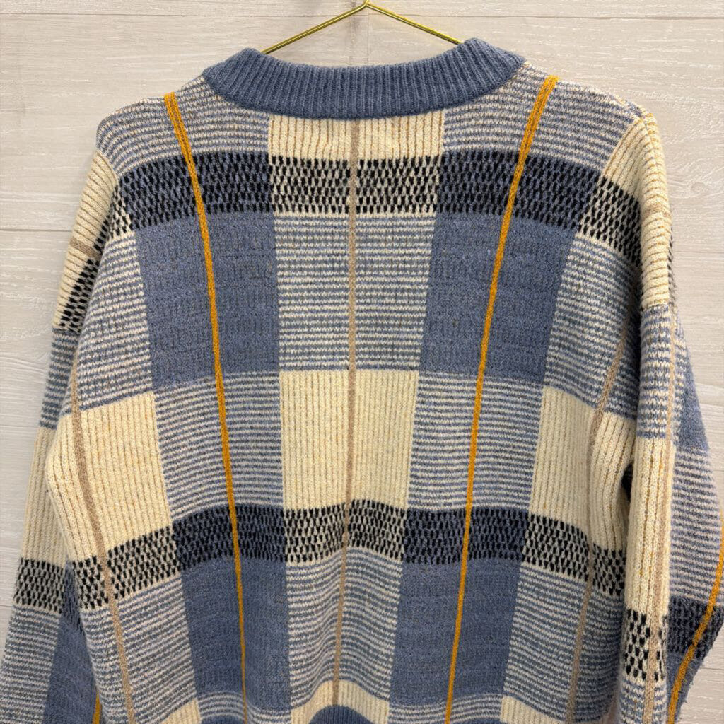 For The Republic Blue Plaid V-Neck Sweater Medium