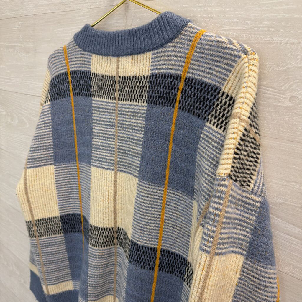 For The Republic Blue Plaid V-Neck Sweater Medium